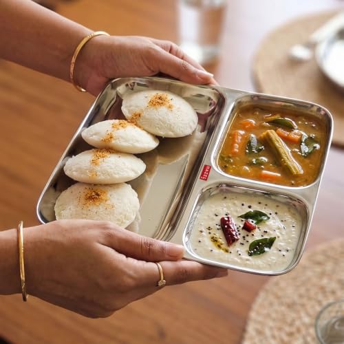 Image of HAZEL 3 in 1 Section Plate Set of 6 | Stainless Steel Dinner Section Thali