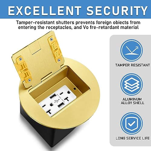 Kanayu 2 Pack Recessed Floor Outlet 3.98"x 3.66"x 4" 1-Gang with 4.8a USB Chargers 20 Amp Floor Receptacles Round Hidden Outlet Kit Electrical Waterproof Box Cover, Etl Listed(Gold) by Kanayu - Image 3