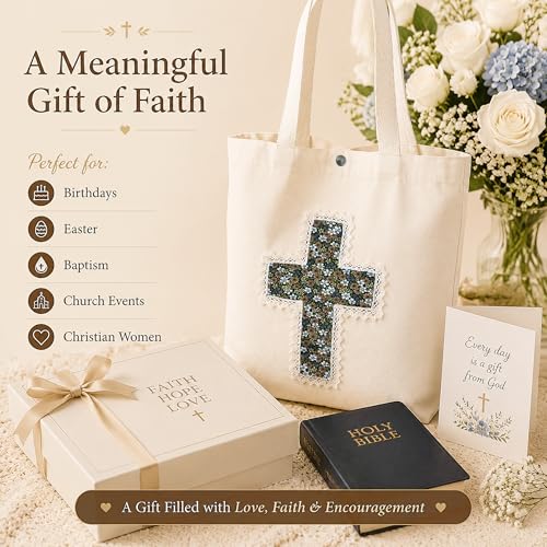 Image of Christian Tote Bag Gift for Women, Canvas Bible Bag Handmade Floral Cross | Christian faith-inspired gift, handcrafted cross with lace, inner pocket, snap closure, bottom gusset, church Bible study use