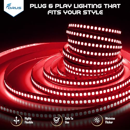 Image of Forus 5 Meter (5M) 10MM Red LED Strip Light, 240 LEDs /M Plug & Play Flexible Lighting for Home Decor, False Ceiling, Pooja Room, Living Room, Kitchen, Mirror, Stairs, 2-Year Warranty