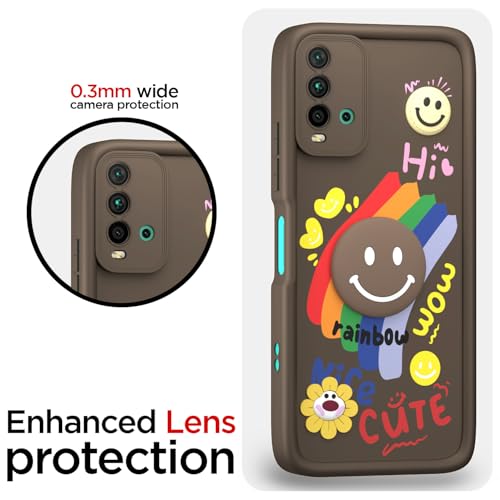 Image of Pikkme Back Cover for Redmi 9 Power /Poco M3 | Soft Silicone| Cute Rainbow Smile & 3D Cartoon Flower Design | Shockproof Raised Camera Protection Bumper Case (Brown)