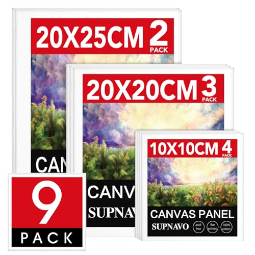 SUPNAVO Canvas for Painting,9 Pack, Multi-Size Assortment (10x10/20x20/20x25 cm), White Blank Canvas for Art, Hobby Creation, Outdoor Sketching