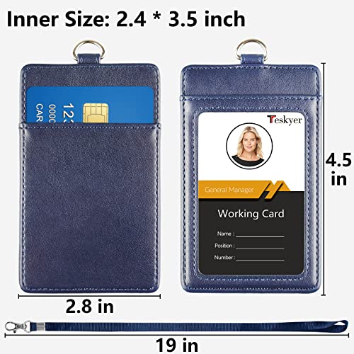 Teskyer Leather Id Badge Holder, Vertical Pu Leather Id Badge Holder With 1 Clear Id Window & 1 Credit Card Slot And A Detachable Neck Lanyard, Blue #TOP3