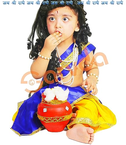 Image of Sarvda Shree Krishna Dress for Baby Boy & Radha Dress for Girls | Janamashtami Dress | Fancy Dress Costume with Accessories Dhoti, Dupatta, Mukut Flute Complete set, Ethnic wear