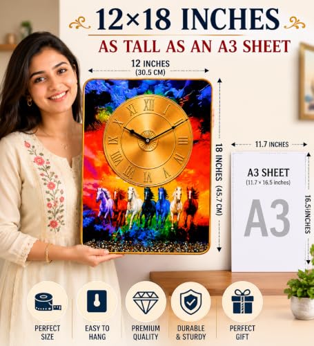 Image of 7 Running Horses Vastu Wall Clock 12x18 Inch | Silent Quartz | Golden Roman Dial | Home Office Living Room Decor Gift
