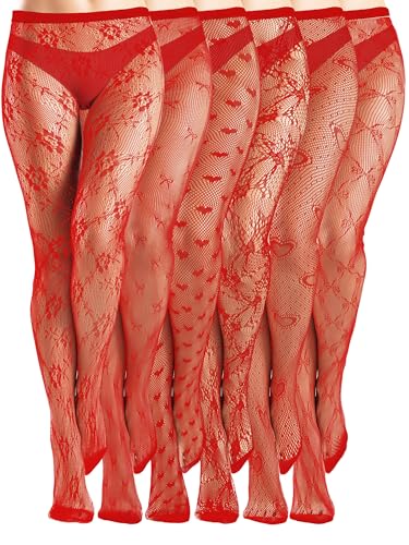 Image of Ramede 6 Pairs Women Fishnet Tights Thigh High Waist Bow Stockings Patterned Lace Fishnet Leggings Pantyhose for Halloween