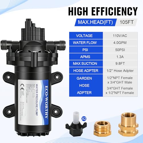 Image of ECO-WORTHY 33-Series Industrial Water Pressure Pump 110V AC 4.0GPM 50PSI RV Fresh Water Diaphragm Pump include Garden Hose Adapters for Irrigation Marine Boat Sprinkler Faucet