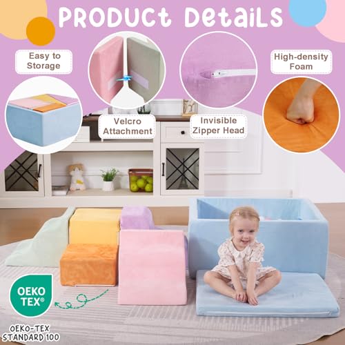 Image of Foam Climbing Blocks for Toddlers, 7-Piece Baby Soft Play Set with Ball Pit, Indoor Climbing Toys for Kids, Modular Foam Play Structures, Macaron Colors (Balls Not Included)