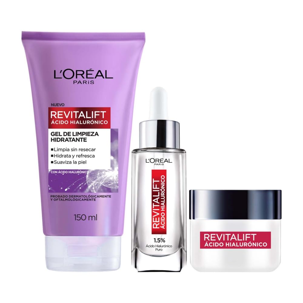 L'Oreal Paris Rutina facial hidratante Revitalift Ácido Hialurónico (3 piezas): Sérum facial 30ml + Gel limpiador 150ml + Crema de día FPS20 50ml. Hidrata y rellena líneas de expresión, para todo tipo de piel Imagen del producto 1