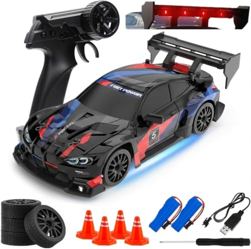 Image of FLYTEK RC Drift Racing Car 1:24 Scale 4WD 2.4GHz 20 Kmph (Black and Red) | LED Lights, Replaceable Tyres, Flexible PVC Shell, Multi-Player Support, USB Rechargeable