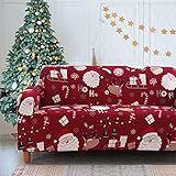 Mybedsoul Christmas Sofa Cover Santa Claus Printed Sofa Couch Cover Washable Furniture Protector with Elastic Bottom Xmas Home Room Festival Decoration(3 Seater)