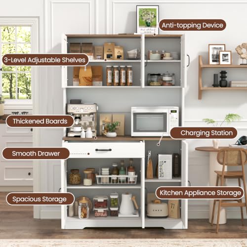 GRUSIGN 71" Pantry Cabinet with Charging Station, Large Capacity Kitchen Hutch Storage Cabinet, Kitchen Cabinet with Microwave Stand, Storage Drawers & Adjustable Shelves for Dining Room, White - Image 6