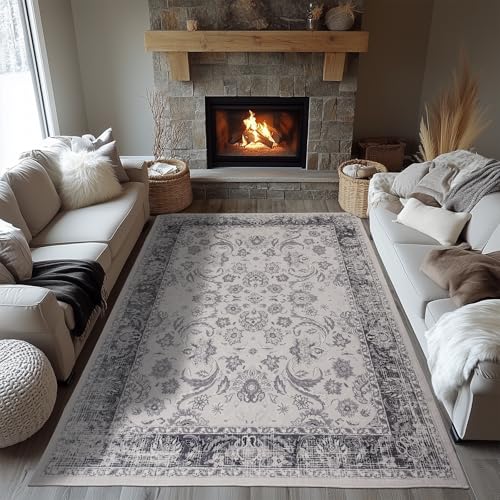Zentavio Area Rugs 8×10 Washable Non-Slip Kid & Pet Friendly Living Room Carpets Vintage Floral Foldable Thin Low Pile Rug for Bedroom Kitchen Dining Room Grey