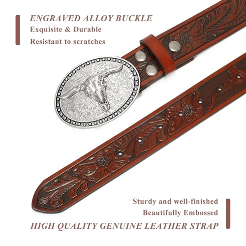 Image of VONMELLI Western Belt for Men Women, Embossed Leather with Bull Buckle