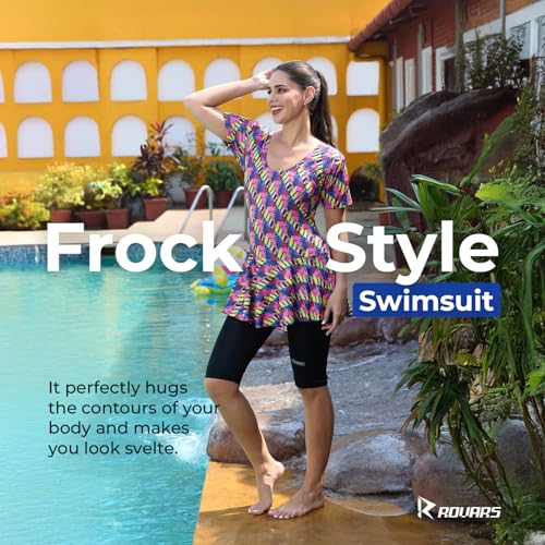 Image of ROVARS Poly Jersy - Printed Swimming Costume for Women Frock Style [Half Sleeves - Half Length - Without Pads]