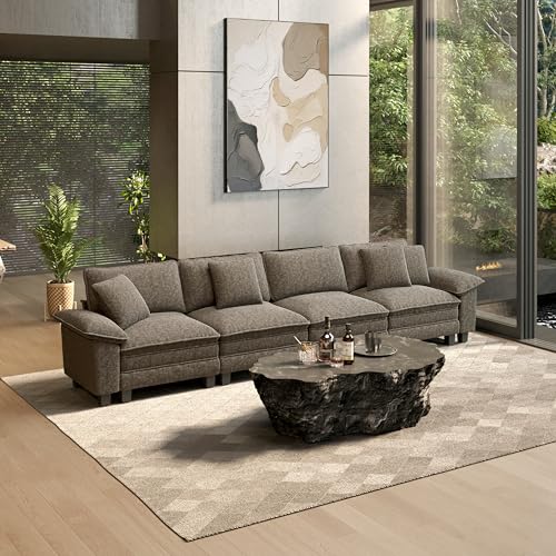 Image of HERA'S HOUSE 158 inch Oversized Modular Sectional Straight Sofa,Chenille Ash | 4-Seater Living Room Couches, Wider Armrest and Deep Seat, Comfy Cloud Couch with Ottoman, Light Gray