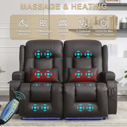 Image of URRED Power Loveseat Recliner Sofa with Massage and Heat, Wall Hugger Reclining Loveseat, RV Couch Home Theater Seating with LED Lights for Living Room (Dark Brown, 54 inch - 2 Seats)