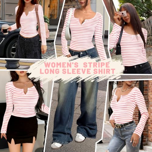 Dookttker Womens Slim Fit Striped Scoop Neck Cropped Tops Button Henley Shirts Blouse Summer Clothes Fashion Outfits Pink and White — view 2