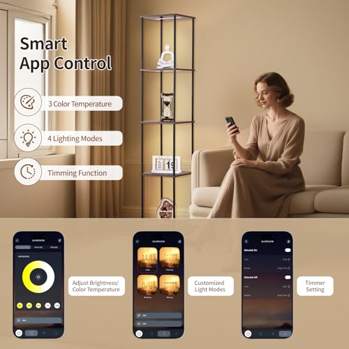 Image of SUNMORY 5 Tier Display Shelf with LED Light, Display Case for Collectibles with App & Remote Control, Display Curio Cabinet with 3 Color Temperatures, Dimmable Floor Lamp with Shelves for Living Room