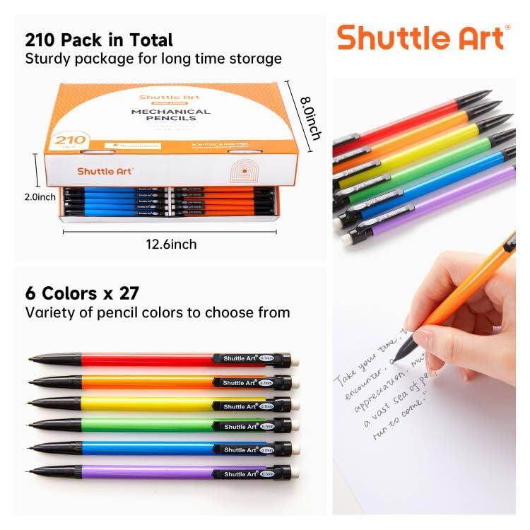 Image of Shuttle Art Mechanical Pencils, 210 Pack Bulk Mechanical Pencils 0.7mm Medium Point, HB #2 Lead, Assorted Barrels, Office School Supplies