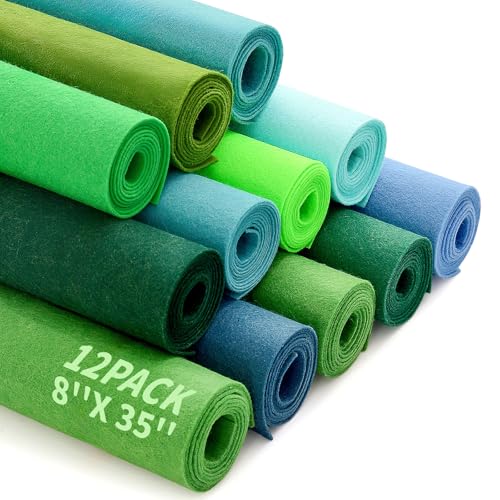Large Stiff Felt Sheets Bundle Felt Fabric Sheets for Crafts 12 Rolls 8"x35" Soft Summer Color 12 Assorted Colors Felt Pack for Kids DIY Craft Sewing Squares Nonwoven Patchwork (Green Series)