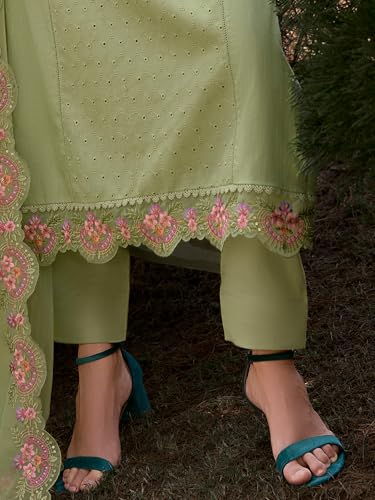 Image of INDO ERA Women's Pure Cotton Floral Embroidered Straight Kurta & Pant with Dupatta Set | Cotton Kurta Set For Woman