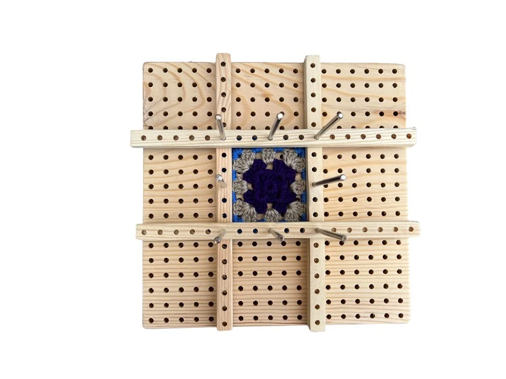 kuksam - Anti Stretch Handmade Wooden Blocking Board for Knitting Crochet and Granny Square (Pine) with Stainless Steel Rod Pins, Stand & Rod Stabilizer, (22 x 22 cm) (8.5 x 8.5 Inch)