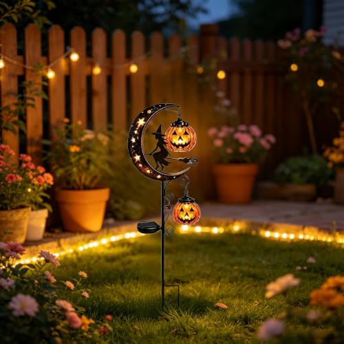 Solar Halloween Black Cat & Pumpkin Moon Garden Stake Light, Metal Crescent Moon & Pumpkin Lantern, Outdoor Waterproof LED Yard Decoration with Crescent Moon, for Patio Lawn Path Yard (E #) - image 5