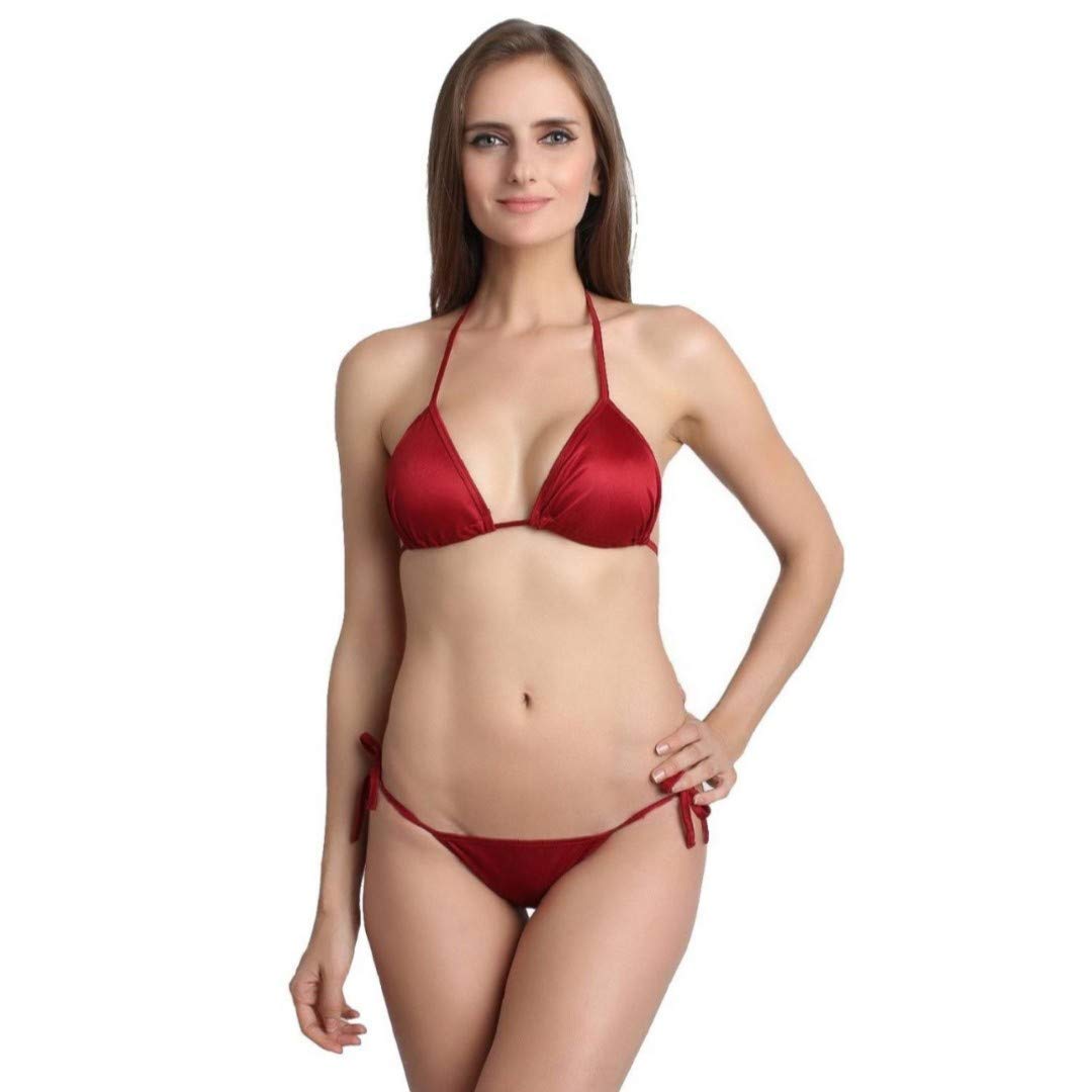 Women's Soft Padded Bra Panty Set Sexy Lingerie Set for Honeymoon Bridal Set Lace Push up Swimwear Bikini Set- Free Size (Red)-image-26