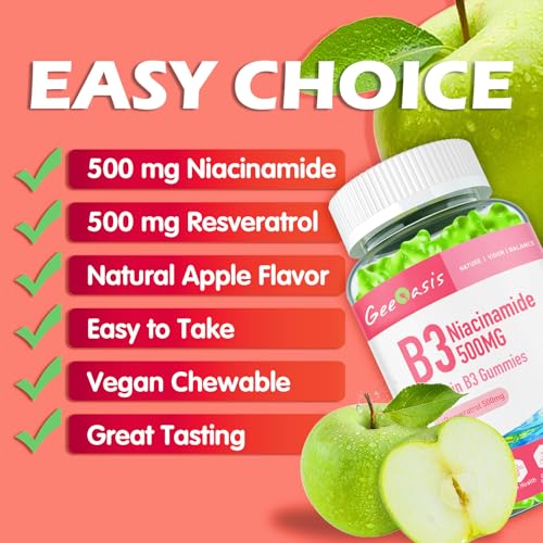 Geeoasis Niacinamide 500mg Gummies, Chewable Vitamin B3 Supplement with Resveratrol 500mg, High Potency Niacin for Antioxidant, Skin & Brain Health, Immune Support, Vegan Apple Flavor, 60 Count - Thumbnail 7
