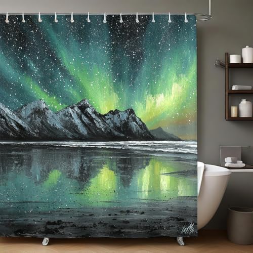 Verde Cortina de Ducha Auroras boreales pintadas Cortinas de Baño Poliéster Lavable Resistentes al Moho Secado Rápido Impermeable con Ganchos 180x180 cm