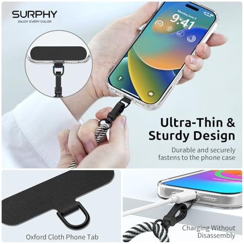 Image of SURPHY Phone Lanyard Crossbody, Phone Strap Crossbody with 2 Tether Tabs | Adjustable Cell Phone Lanyard, Anti Theft Phone Strap, Premium Metal Buckles, Universal Lanyard for Travel, Black & White