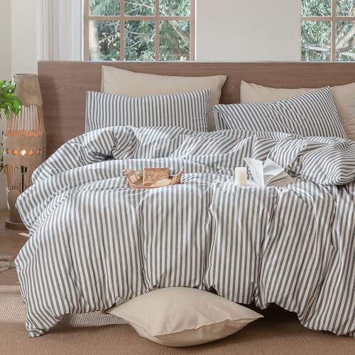 Image of MooMee Striped Duvet Cover Set 100% Washed Cotton Linen Like Super King | Relaxed Linen-like Texture. Soft, Breathable & Long-lasting Comfort. Lightweight. Hidden Zipper with 8 Interior Corner Ties