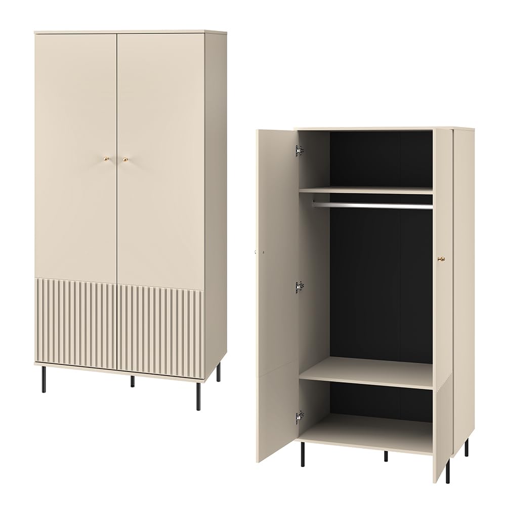 Lomadox Wohnzimmer Set in Kaschmir matt modern 6-teilig mit goldfarbenen Griffen, gerillter Optik, Softclose-Funktion mit TV-Board, Kleiderschrank, Vitrine, Wandboard, Sideboard, Vitrinenschrank