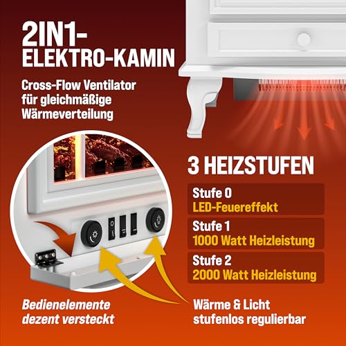 MONZANA Elektrokamin mit LED Flammeneffekt Heizlüfter 2000W 2 Heizstufen Thermostat Kamin Feuer Ofen Heizstrahler Wohnzimmer Heizung 60x50x30cm Weiß-5