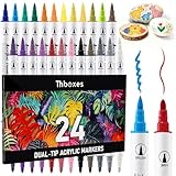 Thboxes 24 Colours Acrylic Paint Pens, Dual Tip Acrylic Markers Felt Tip Pens Brush Pens Waterproof Colouring Pens for Adults Kids Paint Markers for Rock Glass Fabric - Image 1