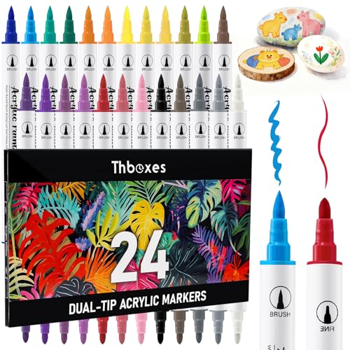 Thboxes 24 Colours Acrylic Paint Pens, Dual Tip Acrylic Markers Felt Tip Pens Brush Pens Colouring Pens for Adults Kids Paint Markers for Rock Glass Fabric
