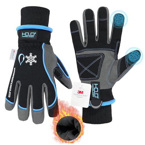 HANDLANDY Guantes de trabajo aislados impermeables, guantes térmicos de invierno para hombres y mujeres, pantalla táctil, guantes cálidos para esquí, snowboard, clima frío (azul, L)