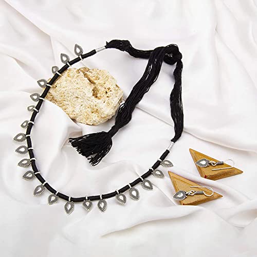 Image of Yellow Chimes Women and Girls Traditional Silver Oxidised Choker Jewellery Set - Black