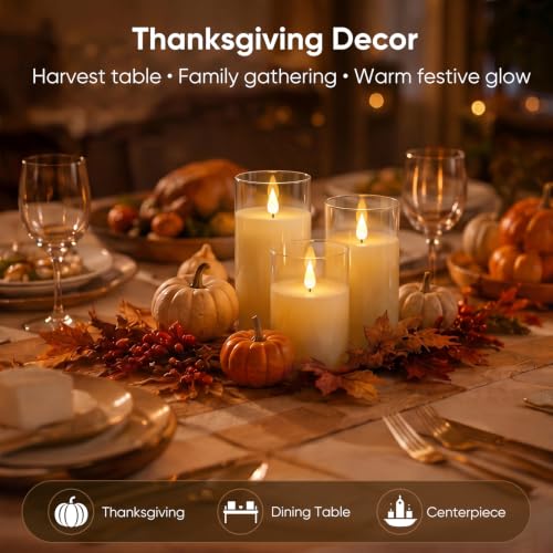 Image of Homemory Ivory Flameless Candles, Battery Operated Acrylic LED Pillar Candles with Remote Timer, Realistic Flickering Fake Candles for Home Decor, Christmas, Wedding, Party, Set of 3