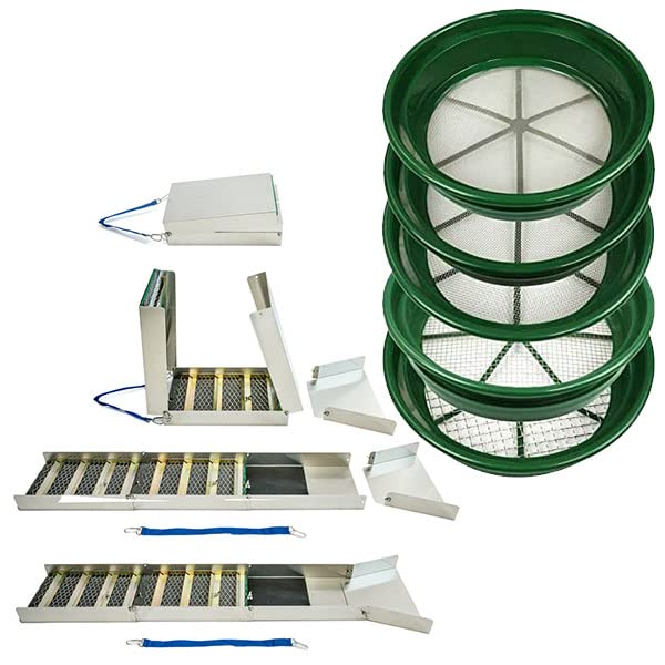 Sluice Monkey 5 Pack of Large 1/2", 1/4", 1/8", 1/12", 1/20" Mesh Screen Gold Panning Classifier. Fits on Top of 5-Gallon Bucket & Folding Aluminum Sluice Box - Extended 50"/Folded 15"