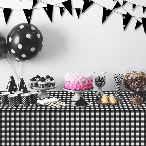 Image of 12Pack Black and White Plastic Checkered Tablecloth, Premium Decorative Disposable Black Gingham Plaid Tablecloths for Parties, Rectangle Party Table Cover for Picnic Farm Birthday Wedding, 54x108Inch