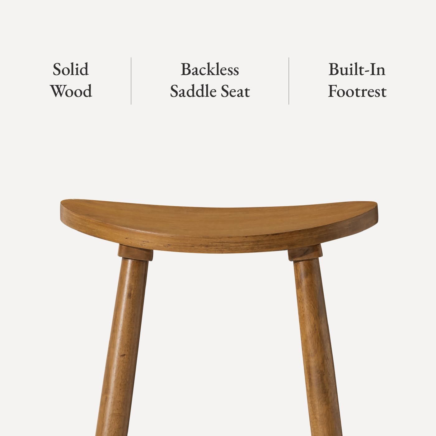 Maven Lane Luna Counter Stool Set of 2 – 26 Inch Round Stools with Footrest – Light Brown Solid Wood – Space-Saving Design for Kitchen Counters & Islands, Ideal for Apartments, Dorms & Compact Living