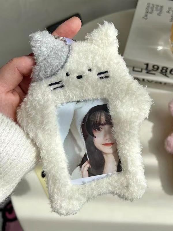 Yjemle White Cartoon Plush Cat Photocard Holder with Keychain Pendant, Kawaii Cat Cute Card Sleeve - Image 3