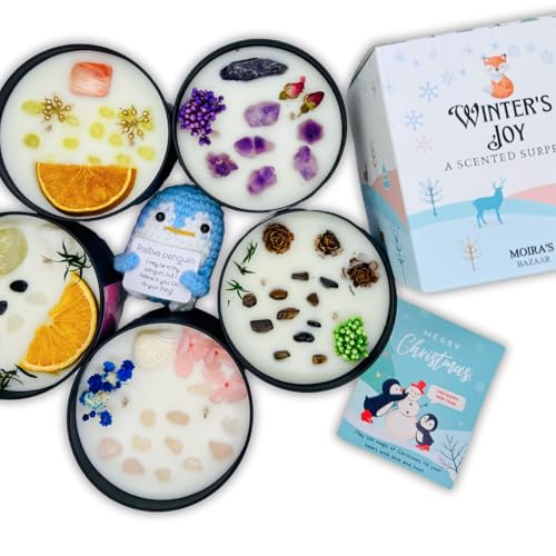 Moira's Bazaar Winter's Joy Gift Set – Includes 16 Oz Scented Candle with Crystals & Crochet Positive Penguin, Christmas, Holiday, or Motivational Gift, Artisanal Luxury Fragrances (Twilight Whisper)
