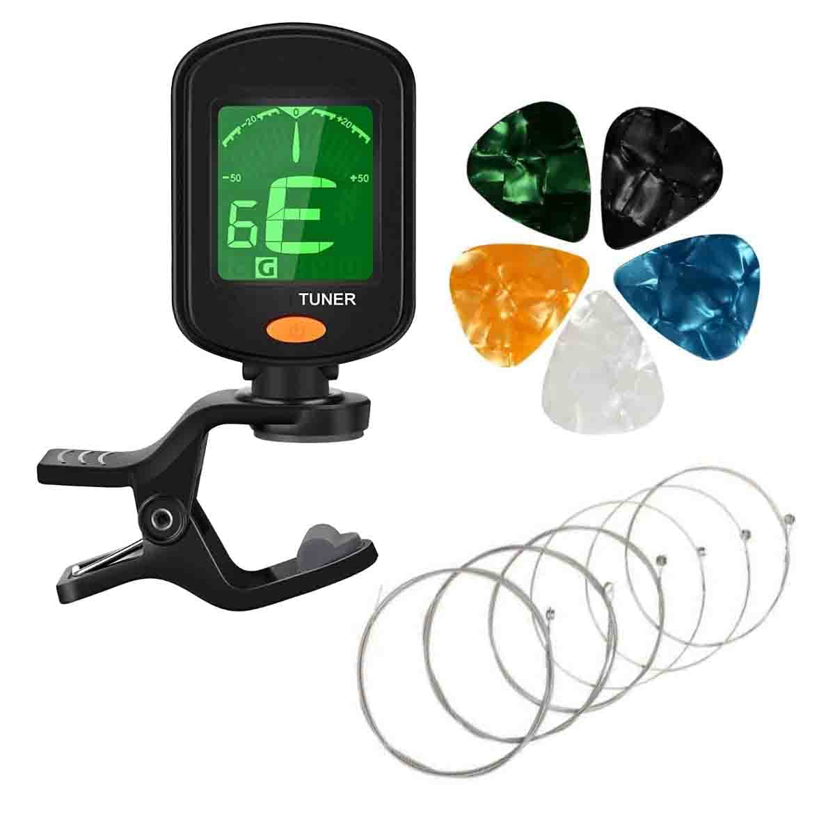 DEVICE OF URBAN INFOTECH Afinador de guitarra con pantalla LCD, afinador digital cromático con púas de guitarra y cuerda de acero inoxidable, kit de accesorios para guitarra para instrumentos