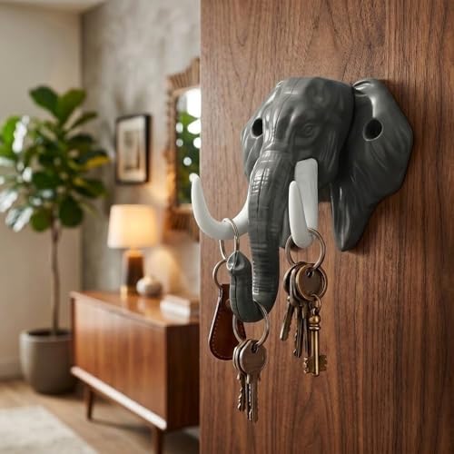 Image of Premium Key Holder for Wall | Decorative Elephant Shape Design | Stylish Key Stand & Key Chain Hanger | Wall Mounted Key Hooks for Home Decor & Office | Grey-White-| 3 Years Warranty |