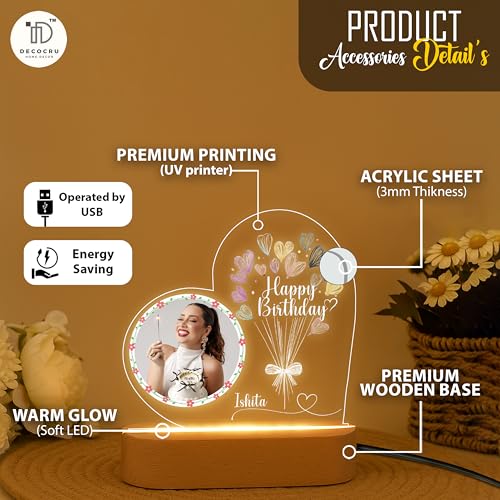 Image of Personalized Happy Birthday LED Night Light with Photo - Custom Gift for Him or Her - Acrylic Lamp with Name and Picture - Birthday Gift for Men, Women, Friends, Decor Table Lamp for Bedroom