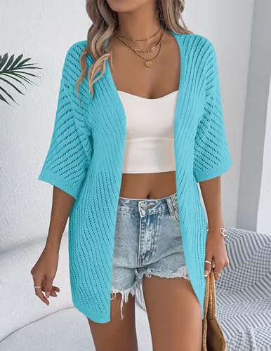 Image of Zeagoo Lightweight Summer Cardigan for Women Short Sleeve V Neck Crochet Kimonos Loose Open Front Hollow Out Cover Ups