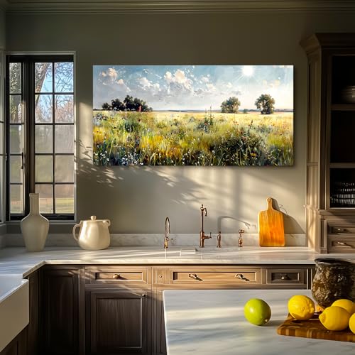 SERIMINO Country Nature Landscape Wall Art, Green Meadow Wildflower Extra Large Canvas Painting, Spring Scenery Aesthetic Rustic Farmhouse Wall Decor Living Room Dining Room Art Prints 30X60 Inch
